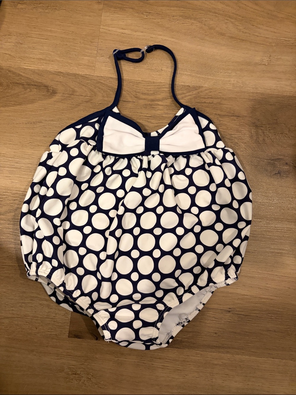 Kate Mack Navy and White Polka Dot Bubble One-Piece Bow Swim Suit 18 Months EUC